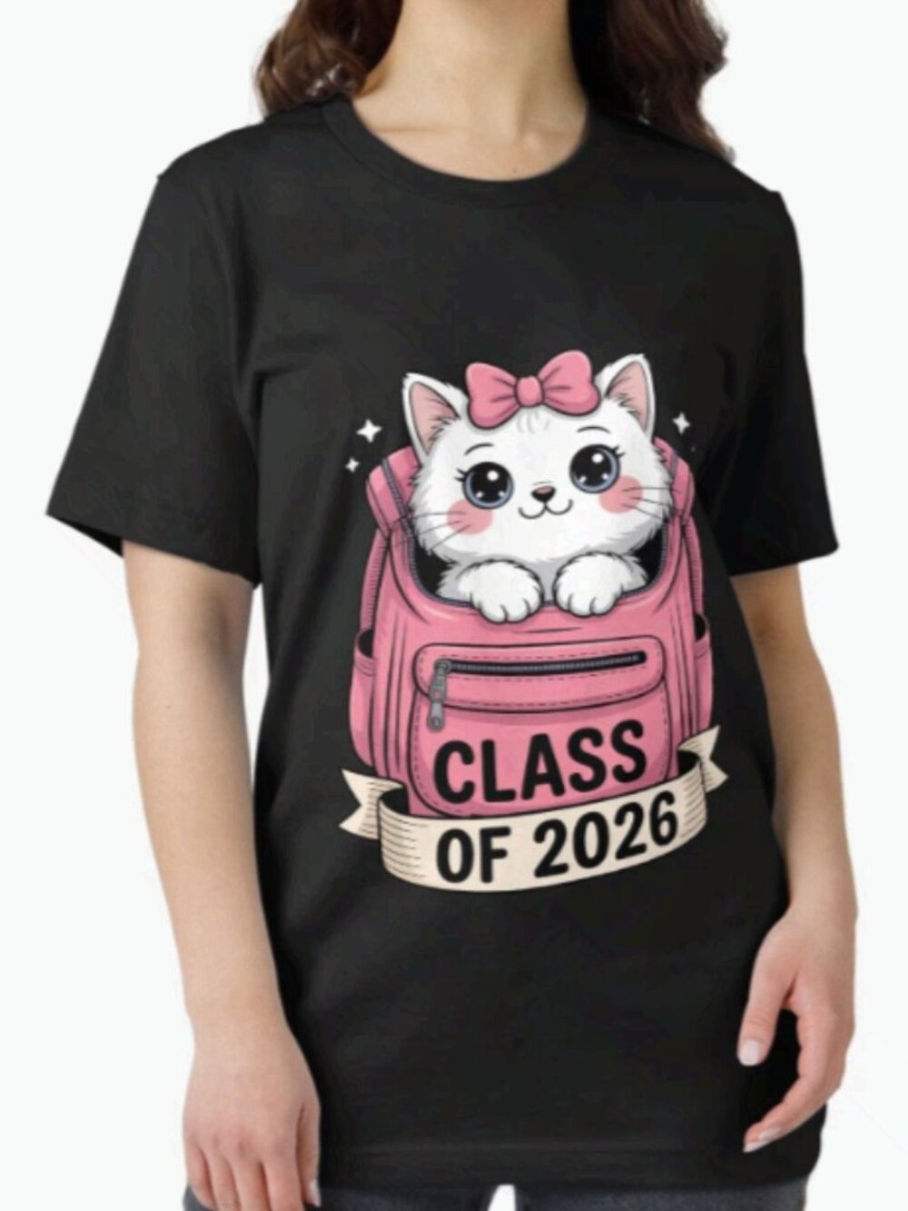 Cute Kawai Kitten Class of 2026 Graphic Black T-Shirt